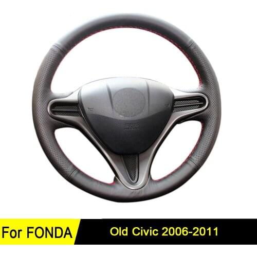 Car Steering Wheel Cover For Honda Civic Old Civic 2006-2011 DIY Black Soft Genuine Leather Hand-stitched Wear-resistant1