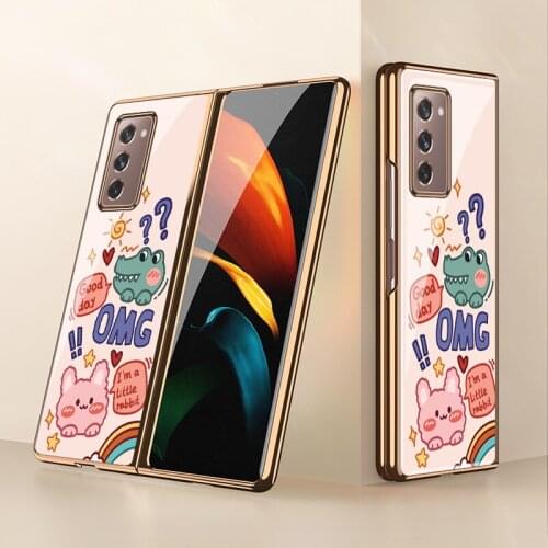 Z Flip Funda Case for Samsung Galaxy Z Flip F7000 Z Fold 2 W21 5G Cartoon Crocodile Tempered Glass Phone Case Cover Z Fold2