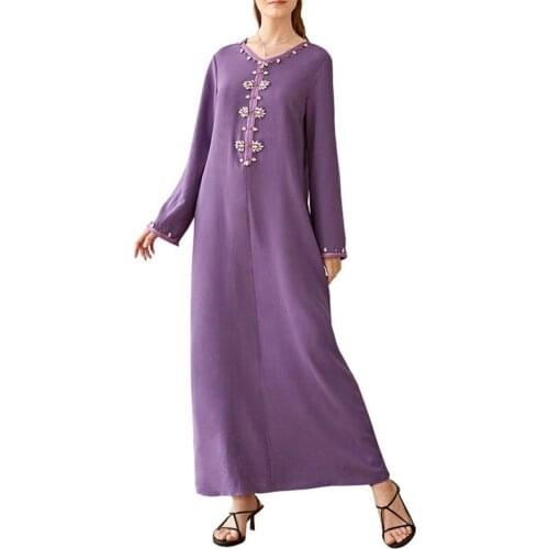 Long Dress Beaded Women Muslim Jellaba Kaftan Autumn Rhineston Purple Elegant Dubai Abaya Islam Fashion Vintage Maxi Dresses