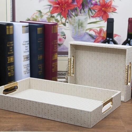 Europe rectangle PU leather+wood storage box home decoration tray Table fruit food candy trays wooden serving tray PTP01