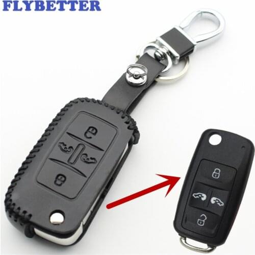 FLYBETTER Genuine Leather 4Button Flip Key Case Cover For Vw Sharan/Multivan Car Styling L1298