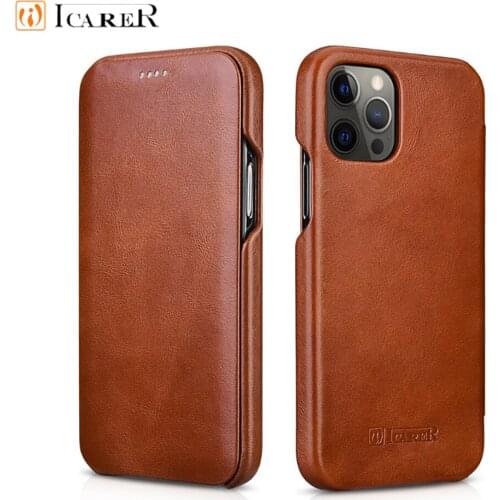 ICARER Luxury Leather Case For iPhone 12 11 Pro Max 100% Genuine Real Retro Leather Wallet Flip Cover Case For iPhone 12 Mini 12