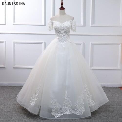 KAUNISSINA Champagne Wedding Dresses Luxury Ball Gown Bridal Gowns Women Vintage Boat Neck Appliques Formal Marriage Dress