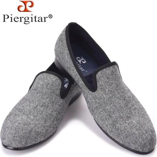 Piergitar Classic Handmade Tweed in interwoven grey and black men loafers Britain style men Casual shoes traditional men flats
