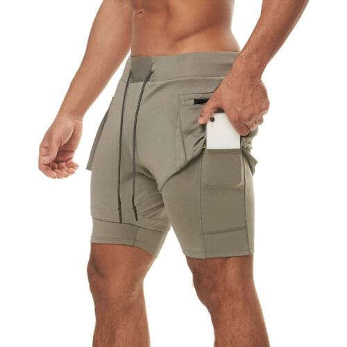 Summer Mens Double-layer Sport Shorts Solid Color Breathable Short Pants Drawstring Waist Elastic Male Fitness Running Pants