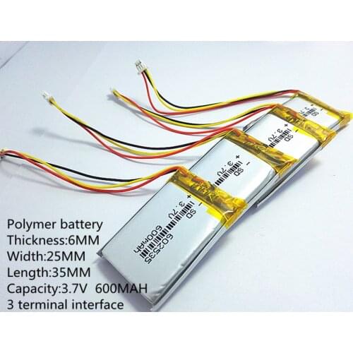 Li-po 1.0MM 3pin connector 3.7V lithium polymer battery 602535 062535 600mah the video recorder 388