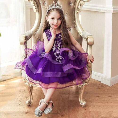 Purple Floral Embroidery O Neck Sleeveless Multilayer Net Yarn Ball Gown Children Party Dress Stage Performance Girls Dancewear