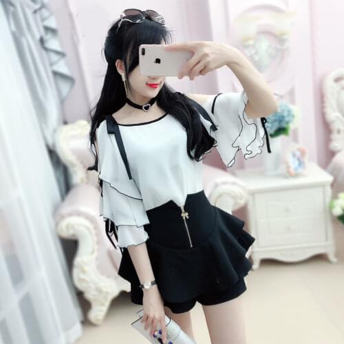 Fashion Women Two Piece Set Off-shoulder Chiffon Tops + Black Shorts Skirt Womens 2 Piece Suits Korean Style Casual Outfit Q268