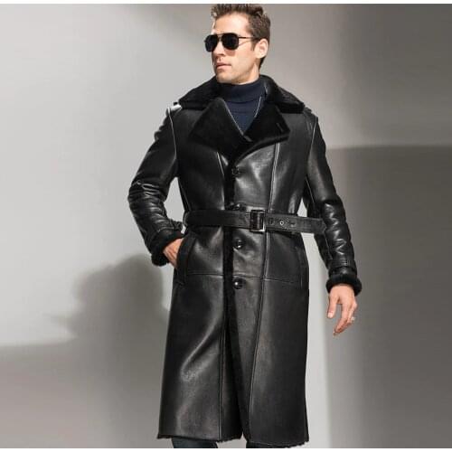 Mens Sheepskin Shearling Coat Black Leather Jacket Long Outerwear Oversize Parkas Thicken Winter Overcoat