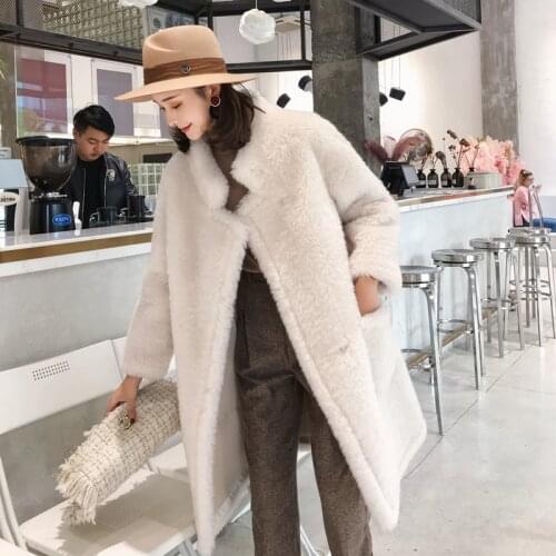 Real Coat Women Korean Fashion Woolen Overcoat Winter Warm Lamb Fur Jacket White Abrigos Mujer Invierno 2020 MK033 YY585