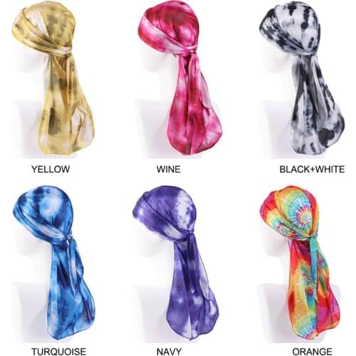 2020 new tie-dye printing long tail silky durags men and women unisex turban cap fashion hair care headwear durag wholesale