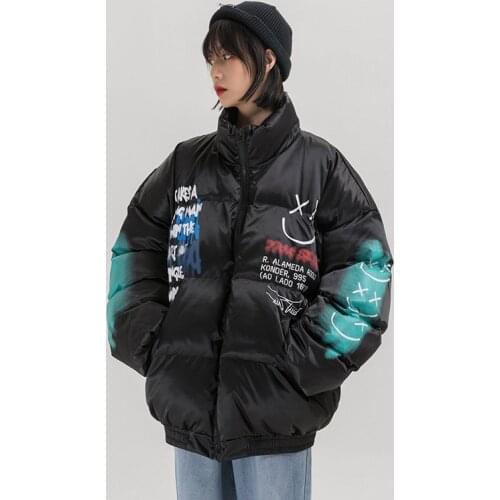 2020 Autumn and Winter New Smiley Face Spray Color Casual Printing Mens Couple Thickened Quilted Jacket Windproof Coat