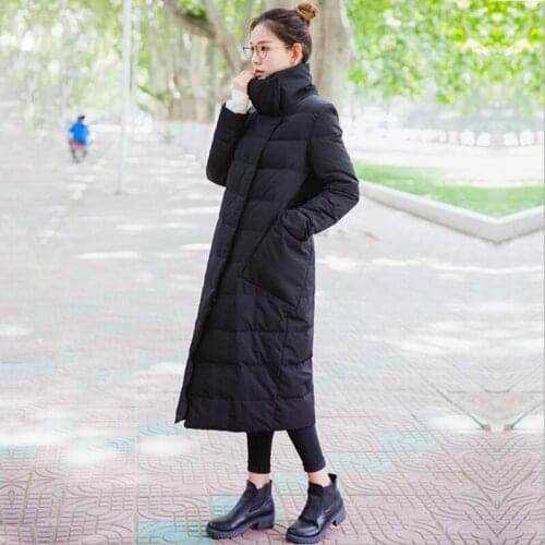 2019 winter new style white duck down jacket collar medium and long style slim women clothes double-row buttons straight coats