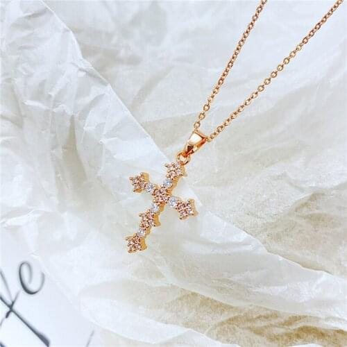 Stainless Steel Rose Gold Necklace For Women Jesus Catholicism Copper Set Full Zircon Cross Pendant Necklace Jewelry On The Neck