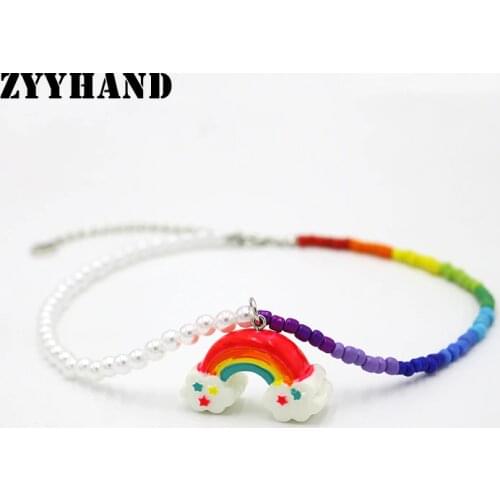 Rainbow Rice Beads Women Pendant Necklace Small Multi-Color Fake Pearl Girl Romantic Customized Wedding Neck Jewelry