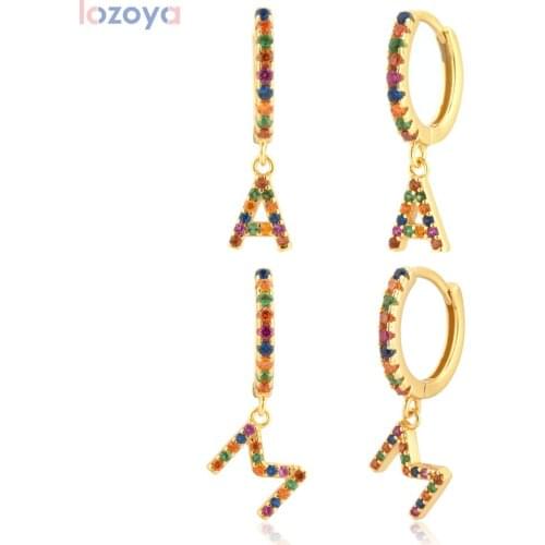 Lozoya 925 Sterling Silver Piercing Clips Pendiente Spring Rainbow CZ Zircon Letters 26 Charms Drop Earring Initial Jewelry