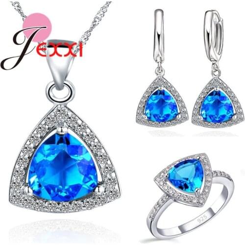 Blue Jewelry Sets Fat Triangle Cubic Zirconia Stone 925 Sterling Silver Earrings Pendant Necklaces Finger Rings US6-9
