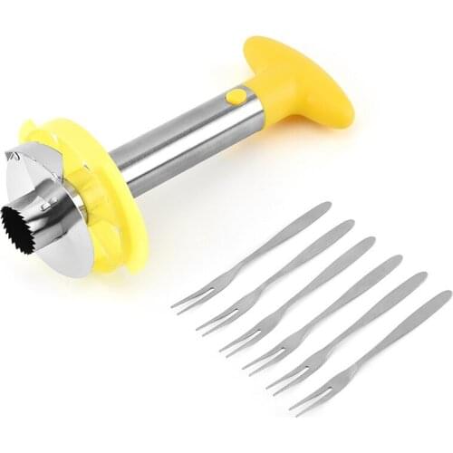 Stainless Steel Pineapple Core Puller with 6pcs Fruit Fork Pineapple Peeling Heart Puller Pineapple Cut Fruit Heart Separator