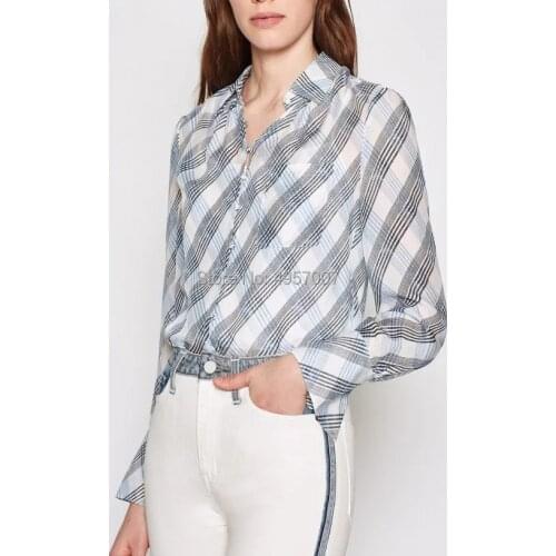 Top Quality Silk 100% Contrast Gingham Plaid Blouse Shirt - 2019ss Ladies Micro-transparent Checked Top