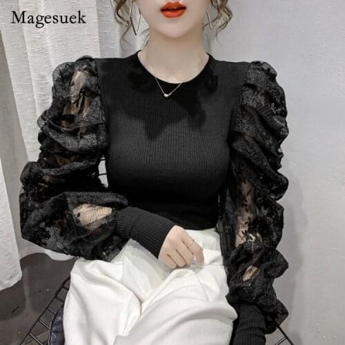 Women Lace Tops Shirts Knitted Blouse 2021 New Autumn Puff long Sleeve Blouses Clothes Blusas Mujer Round Collar Shirt 15997