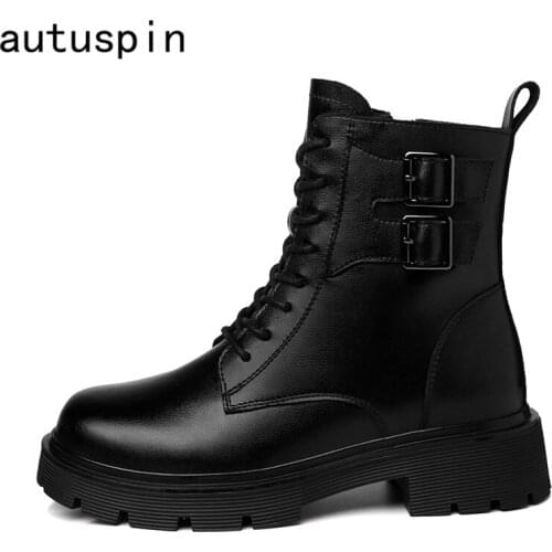 Autuspin Black Motorcycle Boots for Women 2021 New Double Buckle Decoration Genuine Leather Platform Shoes Ladies Ankle Boot