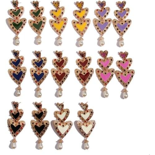 Flatfoosie Colorful Heart Long Dangle Earrings For Women Trendy Crystal Bohemian Gold Color Vintage Wedding Drop Earring Jewelry