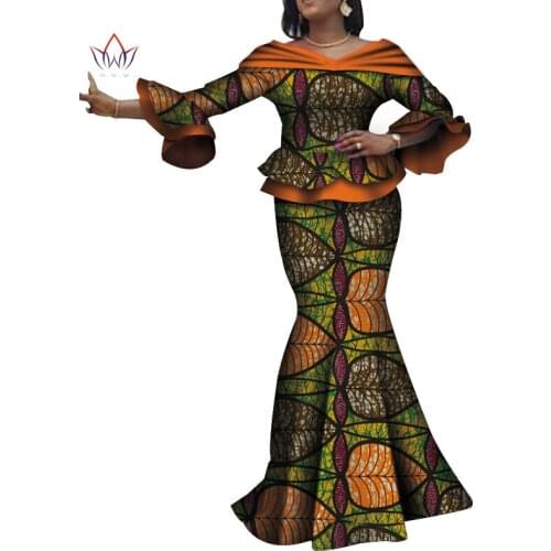 2020 Africa Style Two Piece Skirt Set Dashiki Elegant Clothing Ruffles Sexy Crop Top and Skirt Women Sets for Lady WY4088