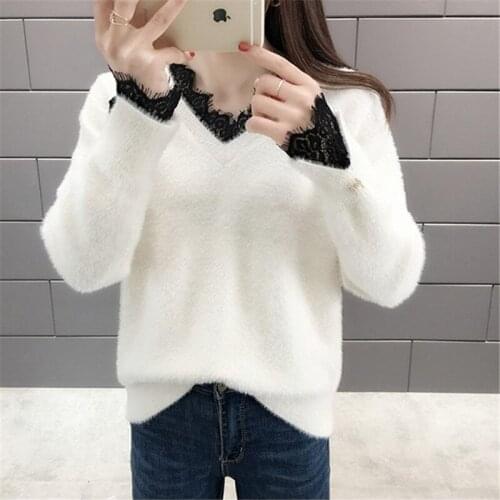 2021 Winter Mink Fur Sweater Women 4 Color Pullover Ladies Jumper Loose Thick Warm Lace Splice V-Neck Long sleeve Sweater Female