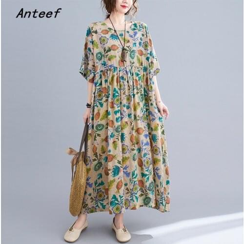 Short sleeve cotton vintage floral dresses for women casual loose long woman summer dress elegant clothes 2021