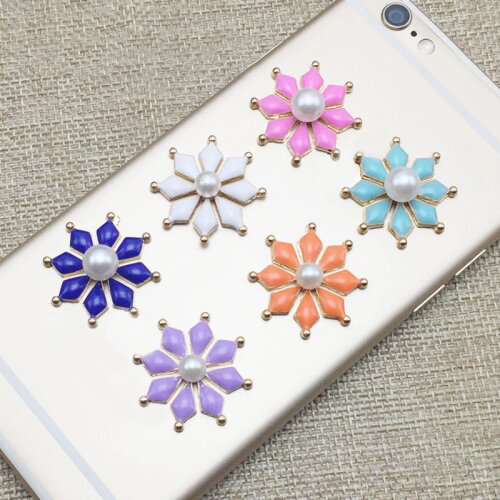 50pcs Pearl Snowflake Button Flatback Buckle Charms Alloy Floating Enamel Wedding Brides Hairpin Accessories Hair Clip Decor DIY