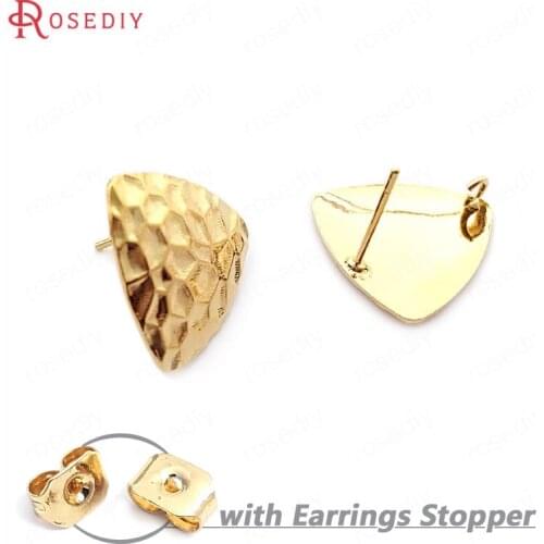 B095)10 pieces 17mm 24K Gold Color Brass Stone Pattern Arc Surface Triangle Stud Earrings Pins High Quality Jewelry Accessories