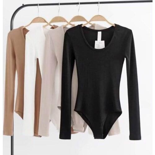Bodysuit women Sexy Low necked Long sleeve bodysuits Cotton Ribs Bodycon jumpsuits women 2020 Spring Elegant Ladys Rompers
