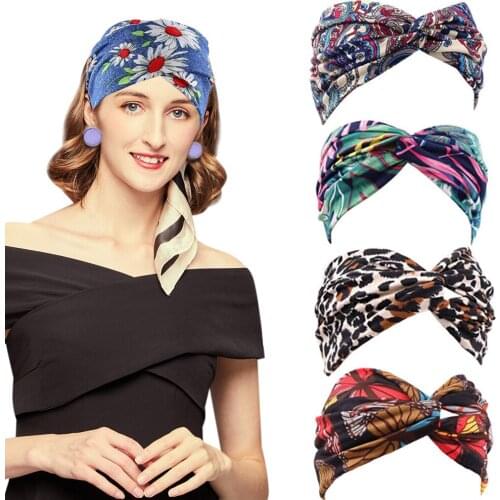 Boho Chic Summer Bohemia Hair Bands Wide Cotton Bandage For Women Vintage Stretch Headbands Print Elastic Turban Hair Accessorie