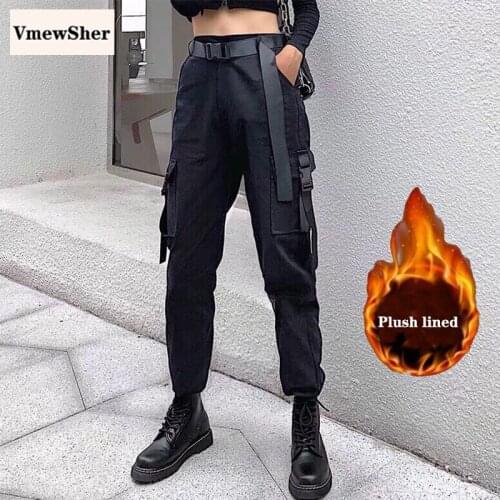 VmewSher New Vwinter Cargo Pants Women Cotton Pocket Streetwear Ribbons Buckle Fashion Warm Short Plush Fur Lined Casual Trouser
