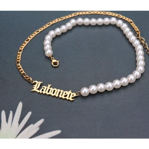 Stainless Steel Figaro Chain Custom Name Necklace Luxury Pearl Necklaces Women Old English Letter Choker Personalized Necklace