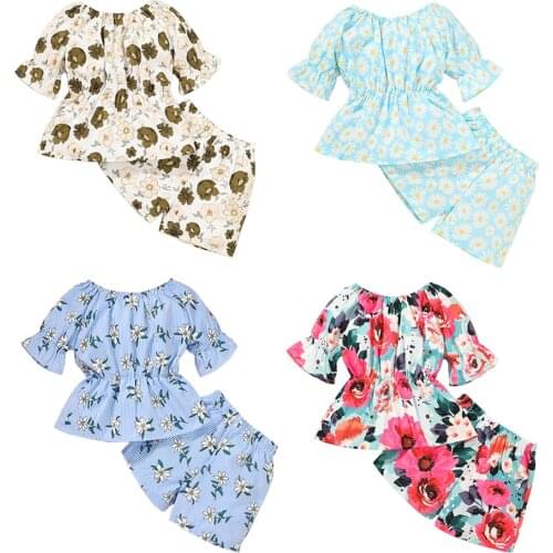 Lovely Kid Baby Girls Floral Clothes Sets Summer Short Sleeve Tops Bandage Shorts 2pcs Outfits Fashion Clothing 1-5Y