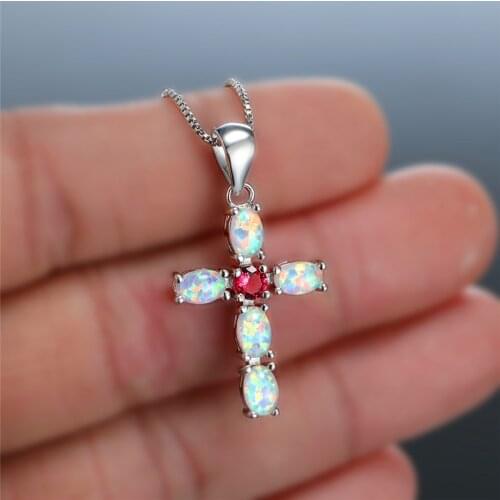Classic Silver Color Cross Pendant Necklace Boho Female White Green Opal Wedding Necklace Charm Zircon Chain Necklaces For Women