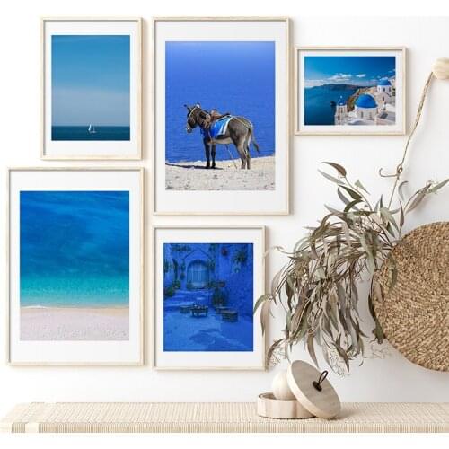 Blue Style Wall Art Picture Modern Greece Beautiful Sea View Landscape Poster Nordic Canvas Painting For Living Room Home Decor