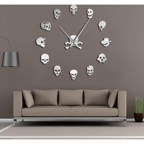 Different Skull Heads DIY Horror Wall Art Giant Wall Clock Big Needle Frameless Zombie Heads Large Wall Watch Halloween Decor