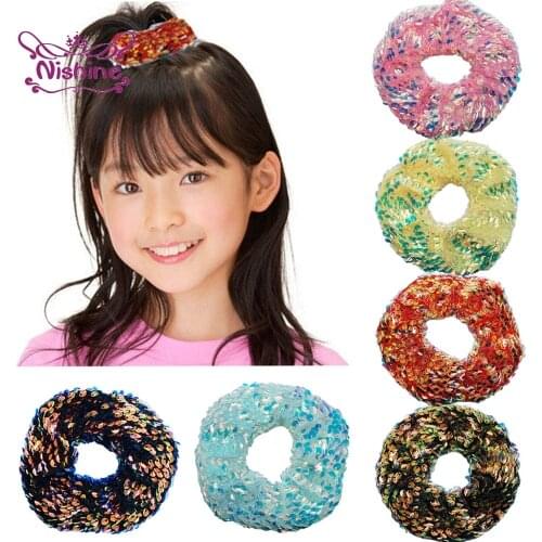 Nishine Reversible Fish Scale Sequins Large Intestine Hair Rope Fashion Girls Ponytail Hairband Elastic Headwear Birthday Gifts