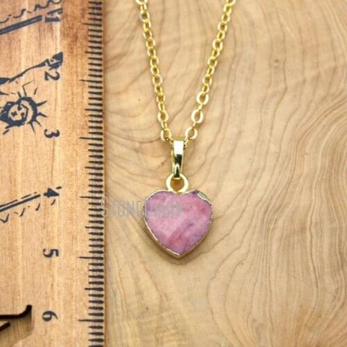 10Pcs Pure Gold Color Faceted Heart Chains Necklaces Rhodonite Chains Necklaces For Sale 16-20inch NM15661