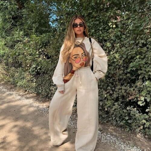 Apricot Beauty Print Casual Vintage Sweatshirt 2-piece Suit Long Sleeve Trousers Loose Ladies Sportswear Streetwear Autumn 2021