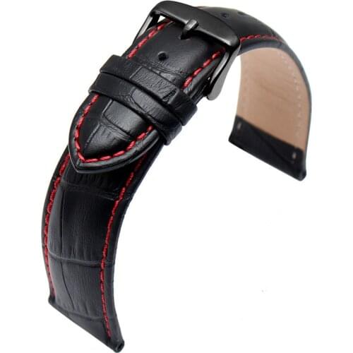 Genuine Leather Cowhide Black Watch Strap Band 22mm Red Stitch Watchband Quick Release for Men Women Watch Accessories Wristband