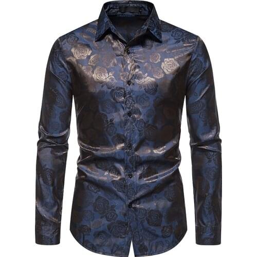 PARKLEES Mens Jacquard Black White Wedding Dress Shirt Prom Rose Print Tuxedo Hemise Homme Long Sleeve Slim Fit Shirts for Men