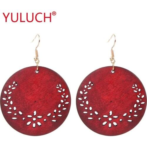 YULUCH Beautiful hollow out wreath wooden round pendant earrings for African fashion women jewelry pop earrings gifts