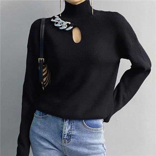 Turtleneck Sweater Loose Chain Black Long Sleeve Sexy Woman Sweaters Fashion High Street Winter Clothes Women
