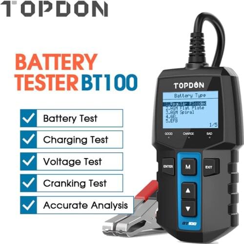 TOPDON BT100 Car Battery Tester 12V 100-2000 CCA Digital Auto Battery Analyzer for Car Truck Motorcycle Cranking Charging Test