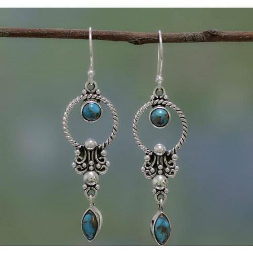 Vintage Silver Dangle Earrings for Women Hanging Long Drop Blue Stone Earrings Fashion Antique Earrings Boho Retro Jewelry aros