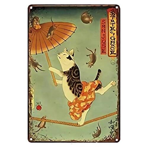 Vintage Japanese Ninja Samurai Cat Tattoo Metal Tin Sign 8x12 Inch Home Kitchen Wall Retro Poster Plaque Mural Bar Pub Decor