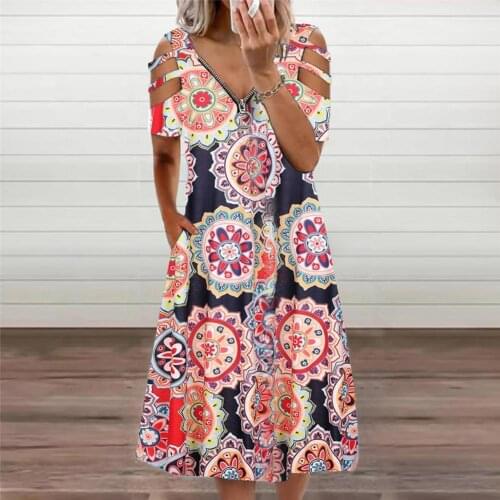 Zipper Floral Print Short Sleeve Dress Women Sexy Summer V Neck Casual Elegant Vintage Plus Size Hollow Out Dresses Streewear